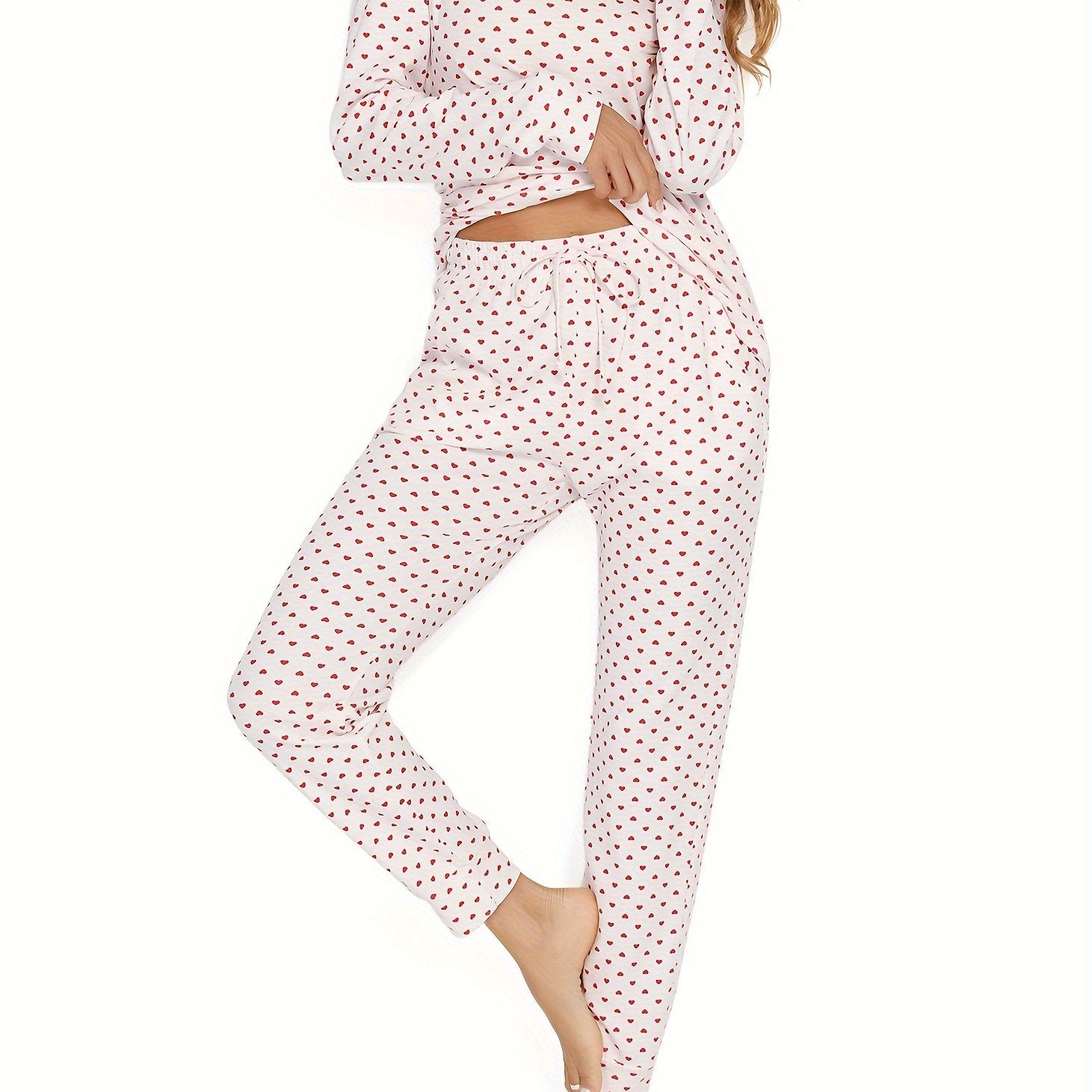 Heart Print Lounge Set Long Sleeve V Neck Top & Pants Women's