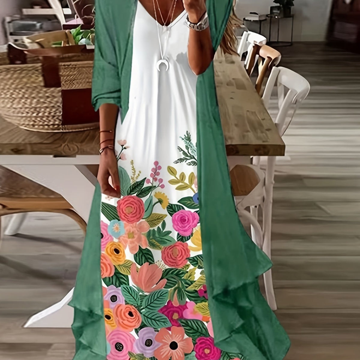 Plus Floral Print V Neck Cami Dress & Solid Cover Up Outfits 2 Piece Set
