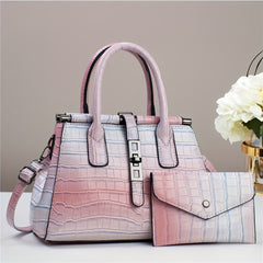 Crocodile Print Satchel Top Handle Tote Bag & Clutch Purse Set