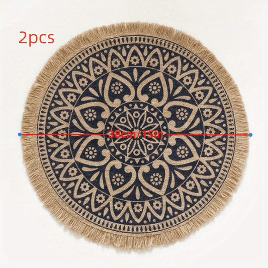 2PCS Boho Placemat Round Woven Vintage Jute Tassel Wall Decoration Mat