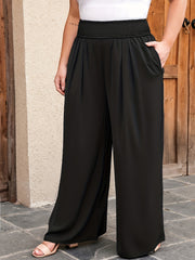  Solid Shirred Waist Wide Leg Trousers