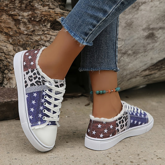 Leopard & Star Print Canvas Shoes Lace Up Low Top Sneakers