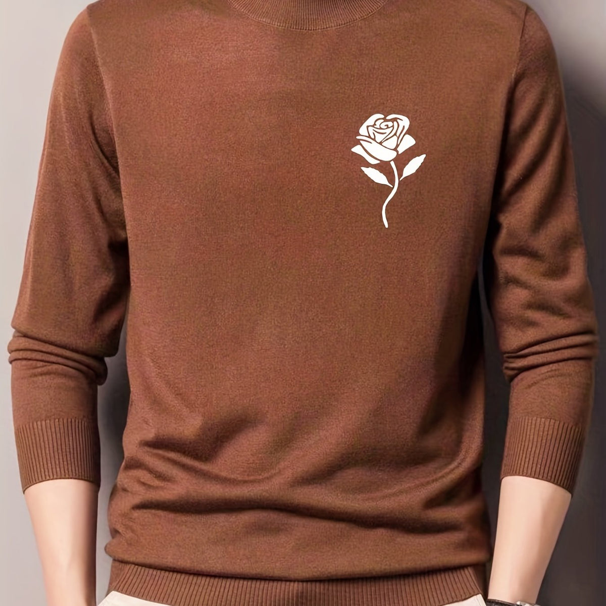 Rose Print Knitted Sweater Men's Warm Crew Neck Pullover