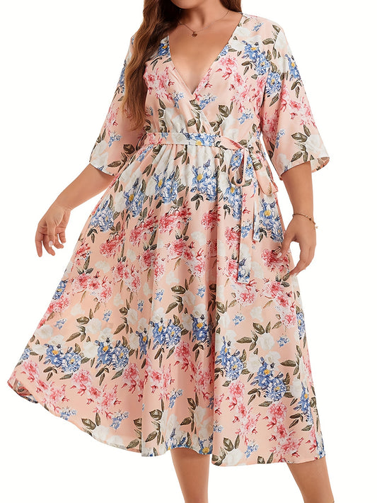 Women's Plus Floral Print Half Sleeve Midi Dress