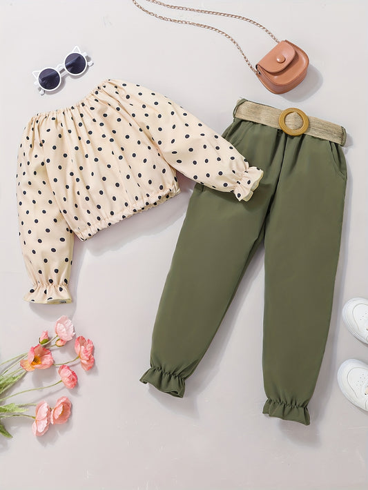 Girl's Polka Dots Top & Belted Pants Set for Spring Fall