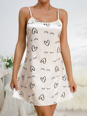 Heart Print Satin Nightdress Crew Neck Sleep Dress Women's Sleepwear