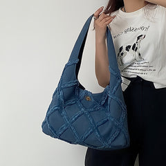 Denim Shoulder Bag Argyle Pattern Tassel Decor Hobo Bag Turn Lock Storage