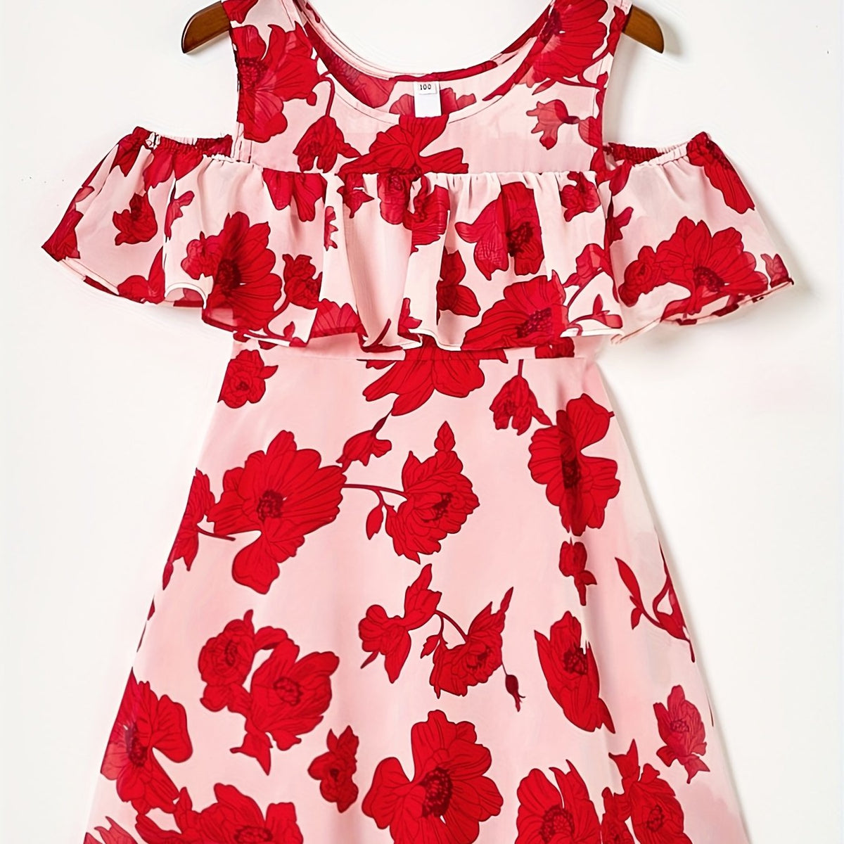 Toddler Girls Ruffle Trim Cold Shoulder Flowers Graphic Princess Dress