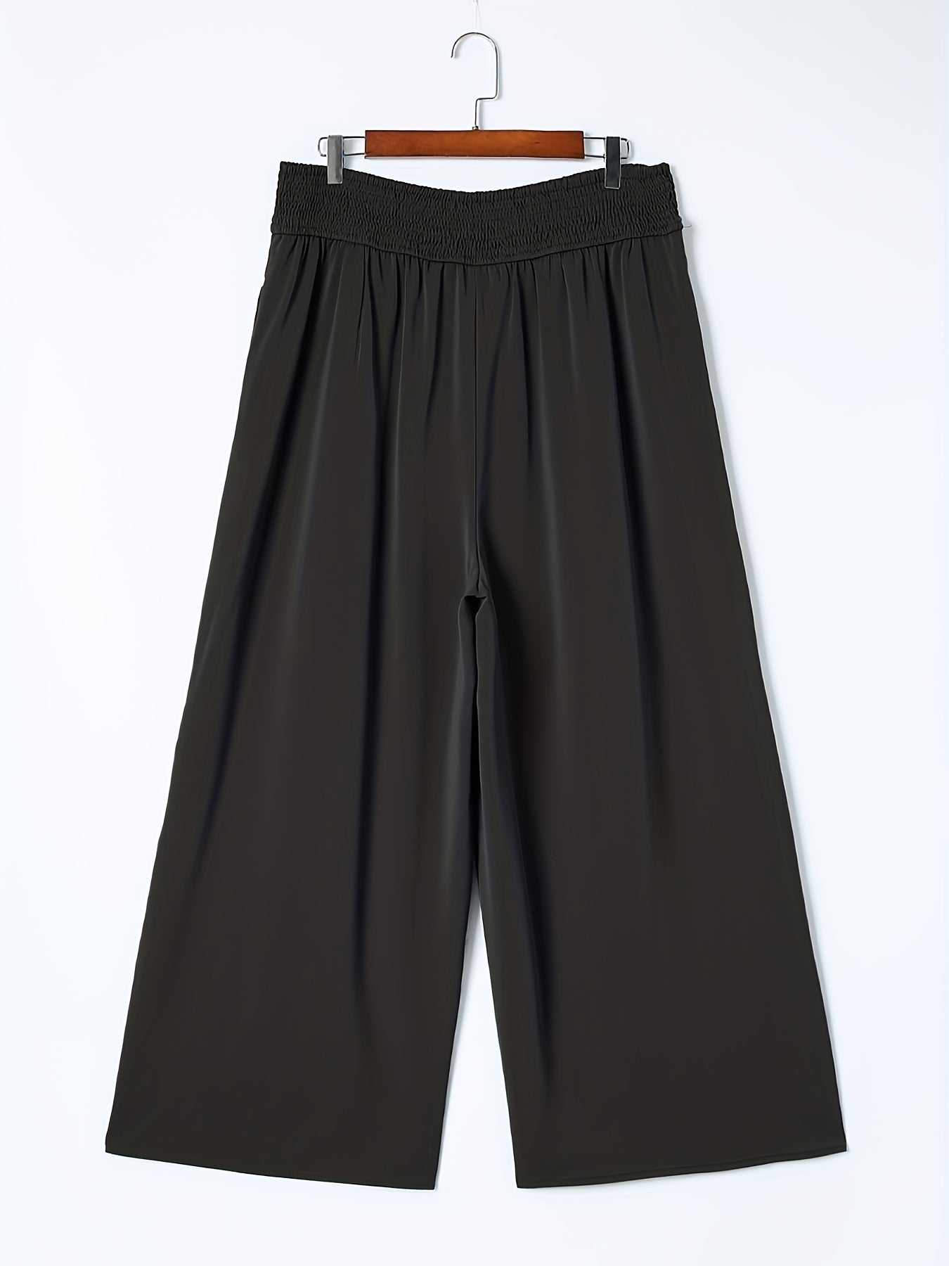  Solid Shirred Waist Wide Leg Trousers