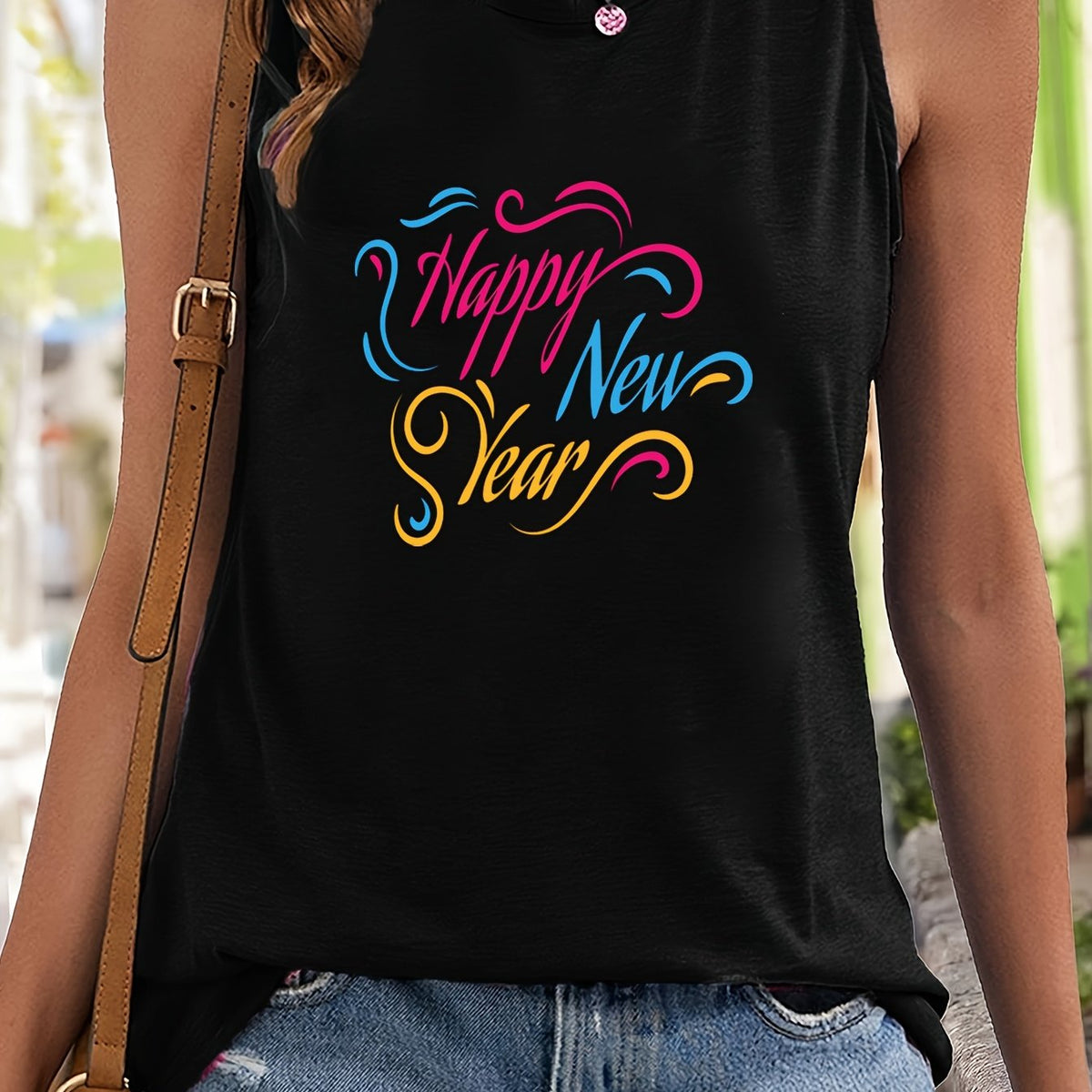 Colorful Letter Print Sleeveless Sports Vest Round Neck Casual Tops