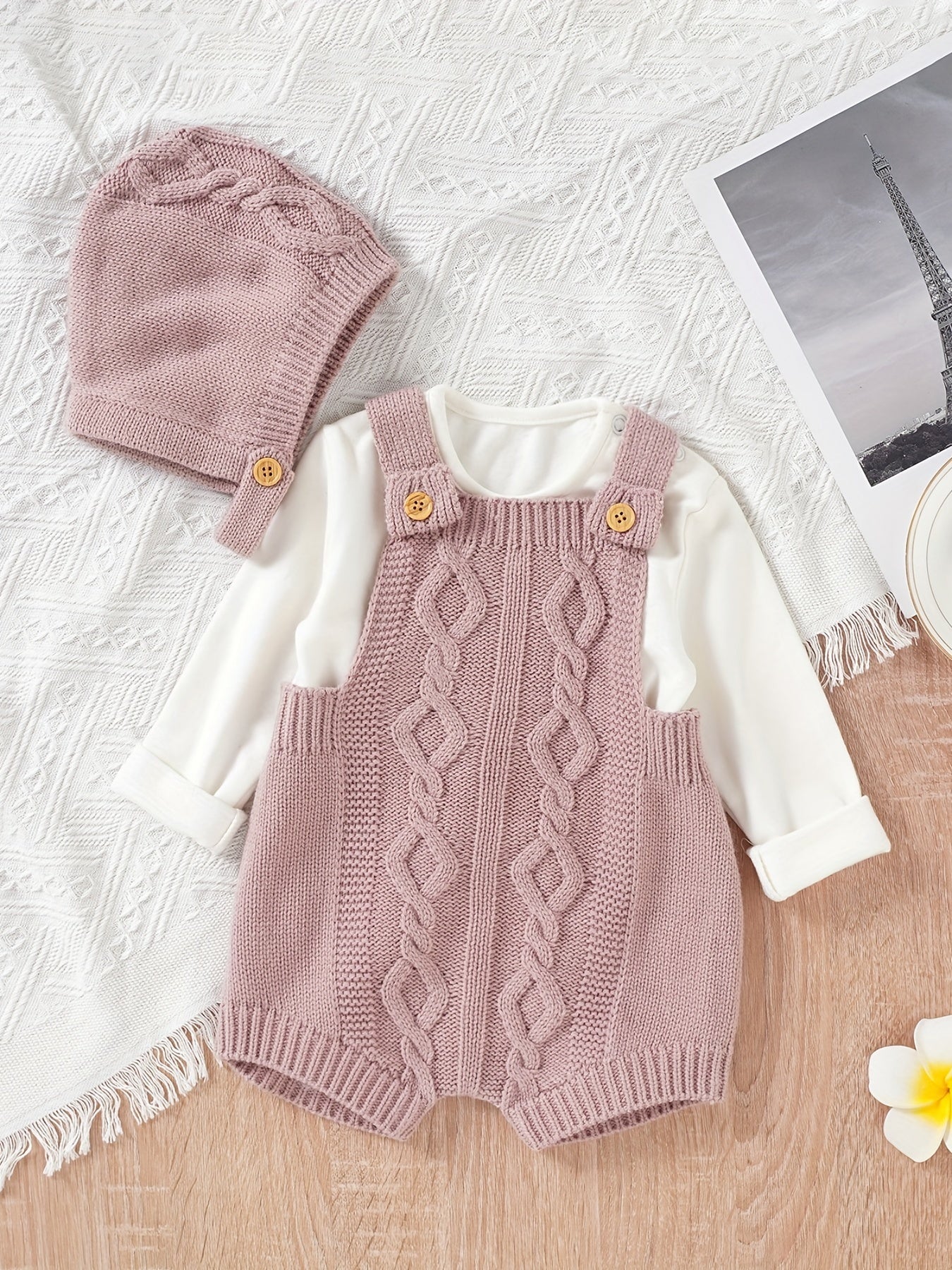 Unisex Baby Knit Sweater Romper Overalls & Hat Set