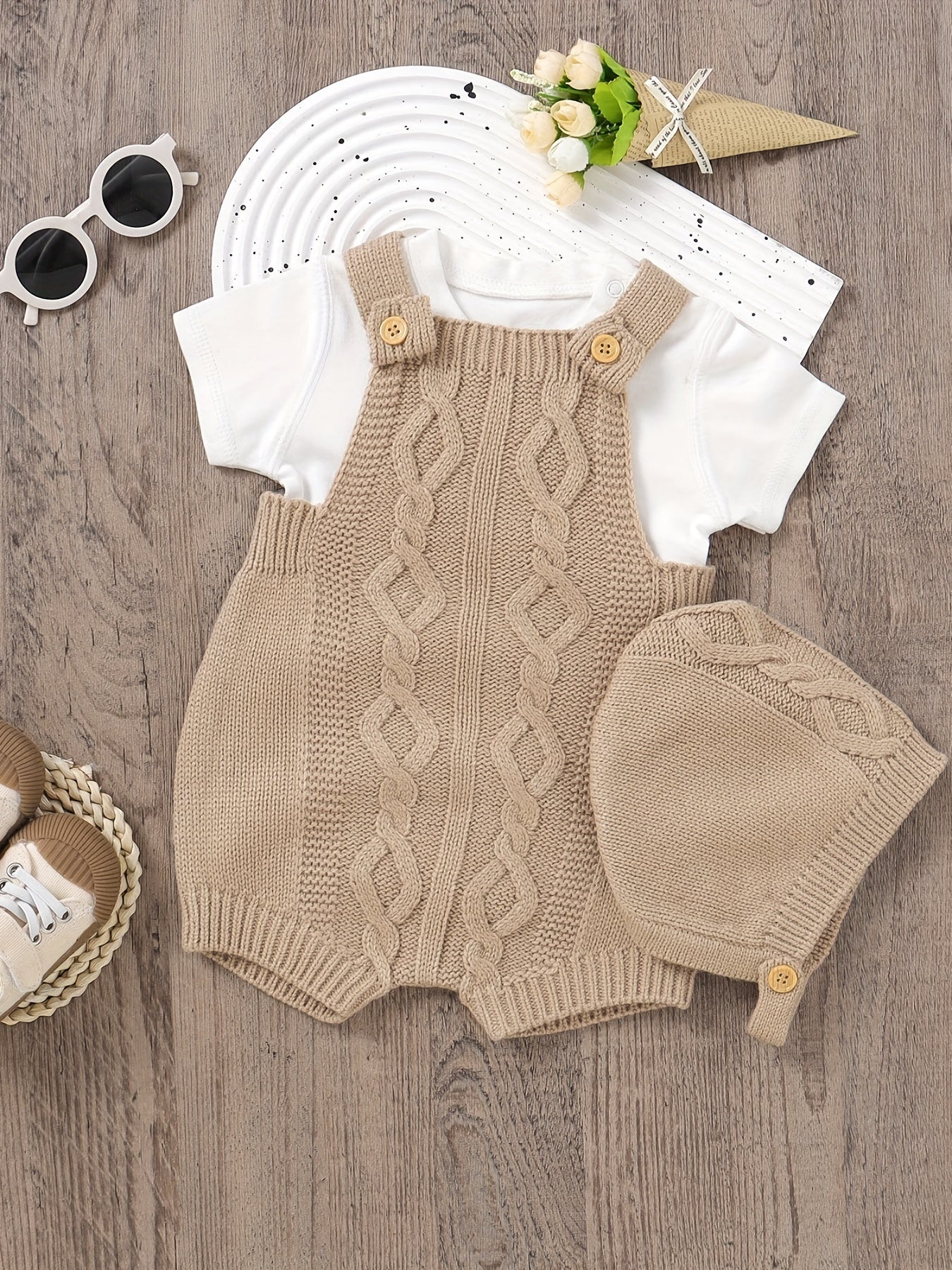 Unisex Baby Knit Sweater Romper Overalls & Hat Set