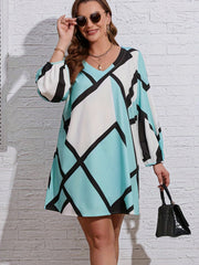  Geometric Print Lantern Sleeve V Neck Mini Dress