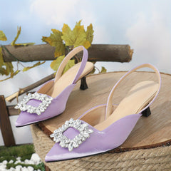 Women's Satin Kitten Heels Slingback Sandals Rhinestone Square Buckle