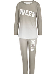  Letter Print Long Sleeve Tee & Skinny Pants Set Women's Plus