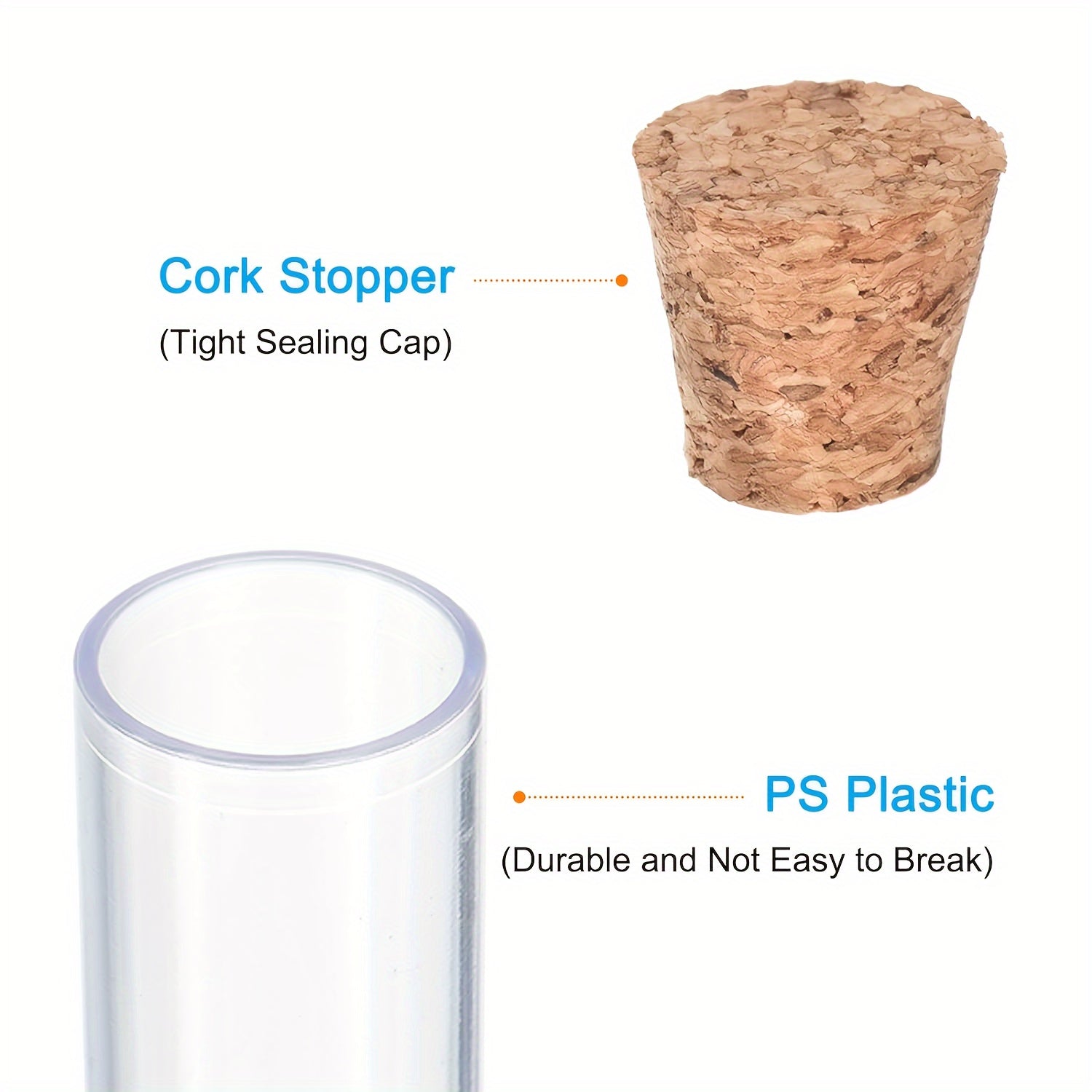 10 Plastic Test Tubes With Cork Stoppers for Scientific Experiment