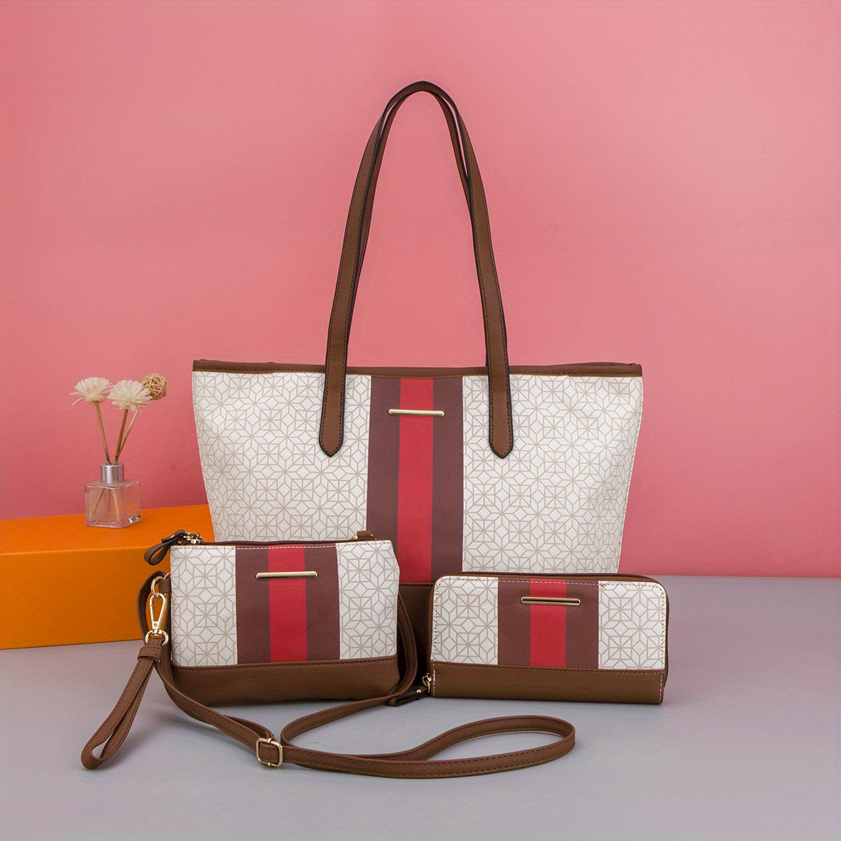 3pcs Tote Crossbody Wristlet Purse Set PU Leather Shoulder Bag Commuter Bag
