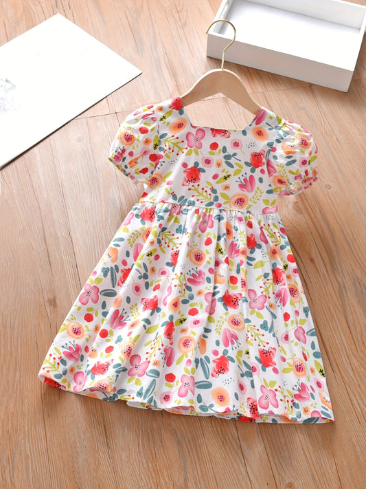 Toddler Girls Puff Sleeve Flowers Graphic Princess Dress