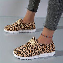 Leopard Print Canvas Shoes Lightweight Lace Up Walking Shoes