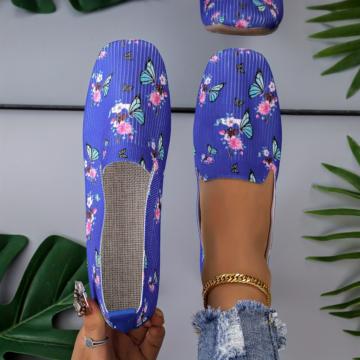 Flower & Butterfly Pattern Flat Shoes Lightweight Slip On Shoes