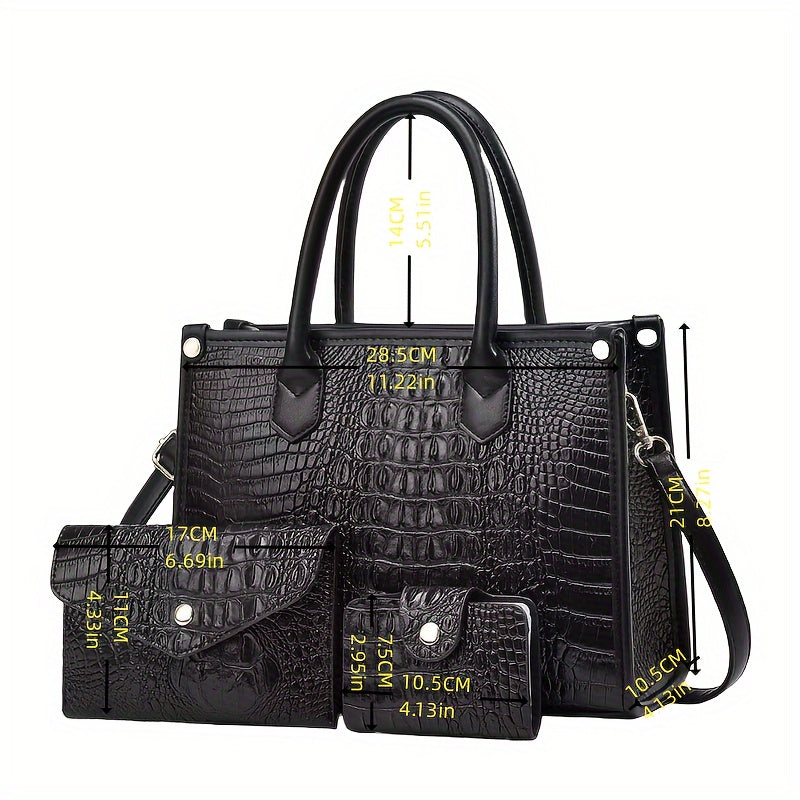 3pcs Crocodile Pattern Faux Leather Handbag Set