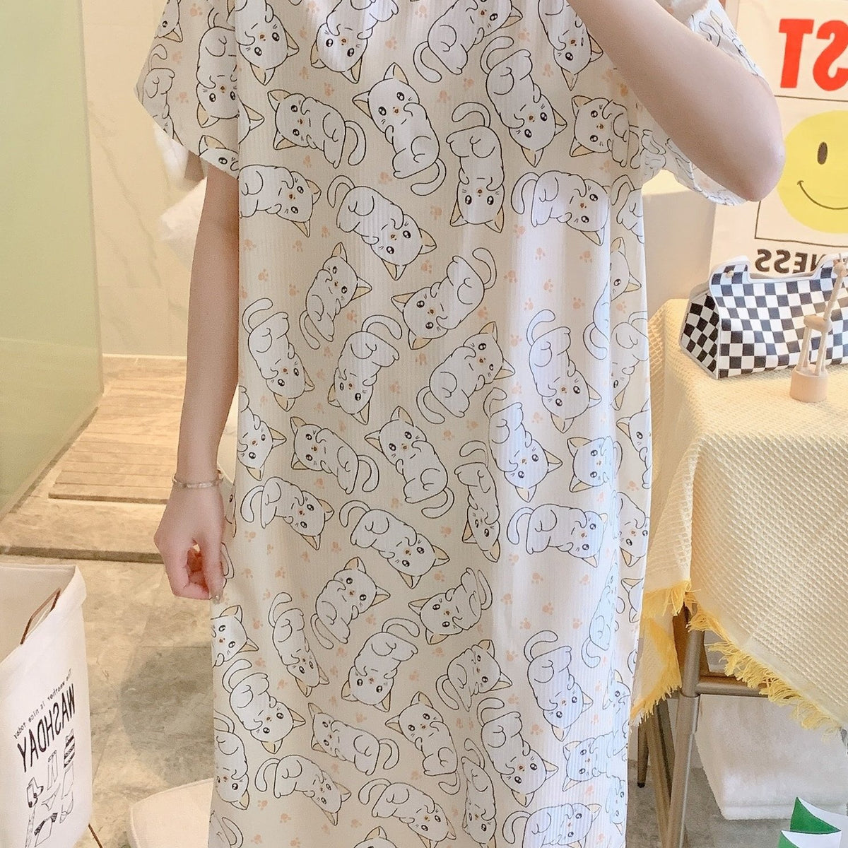 Cat Pattern Sleep Dress Casual & Comfy Short Sleeve Loose Women's Sleepwear