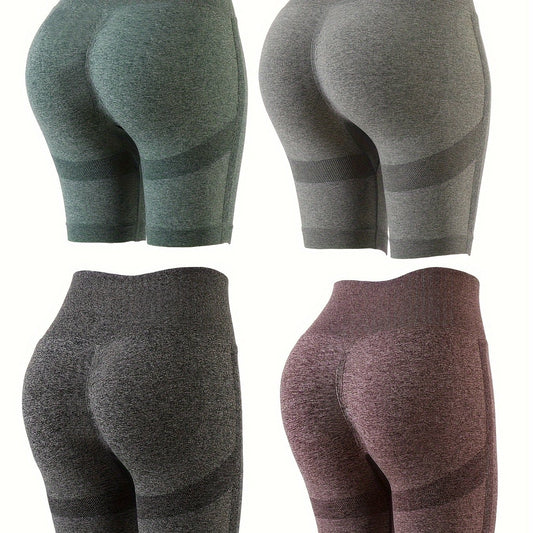 4pcs Seamless Solid Butt Lifting Sports Shorts High Waist Yoga Running Shorts