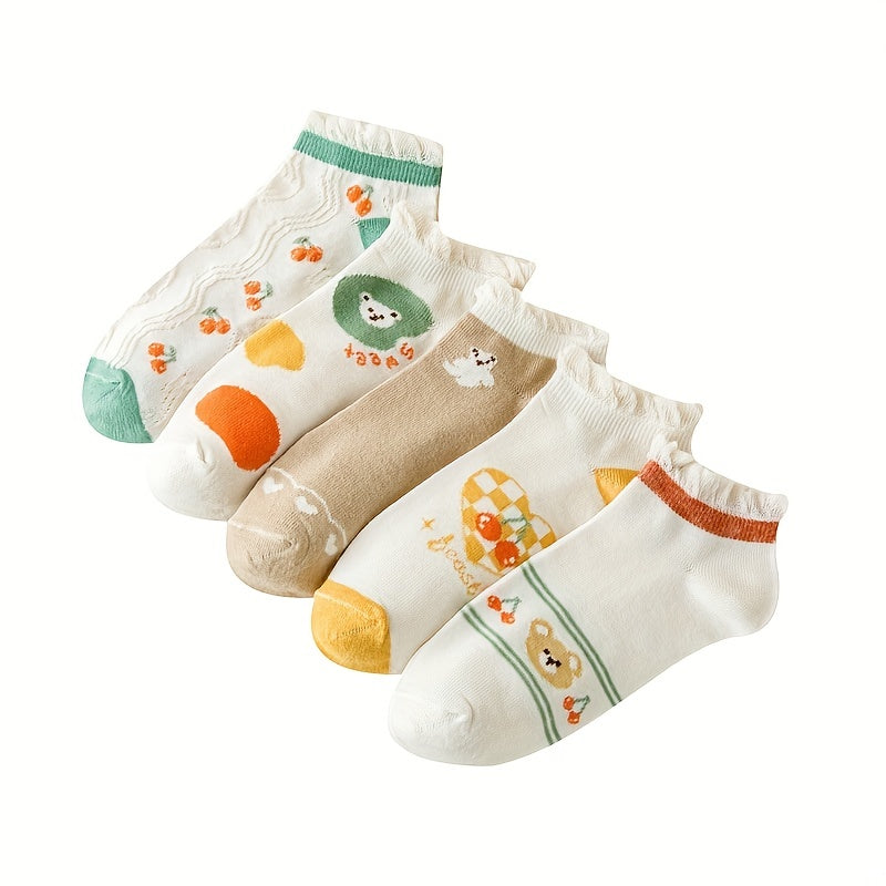 5 Pairs Bear & Cherry Print Women's Socks Set