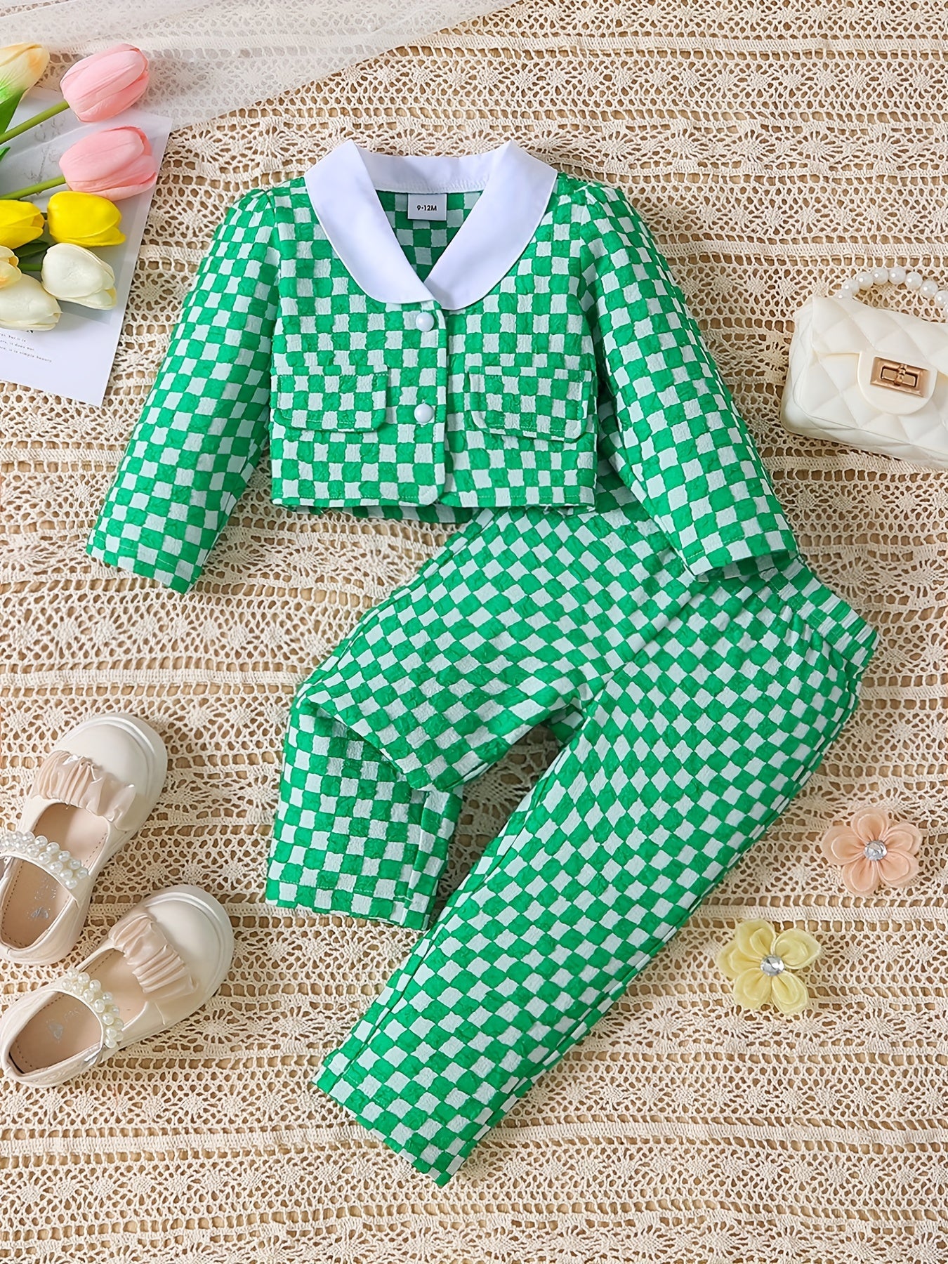 Plaid Cardigan & Pants Set for Baby Girls