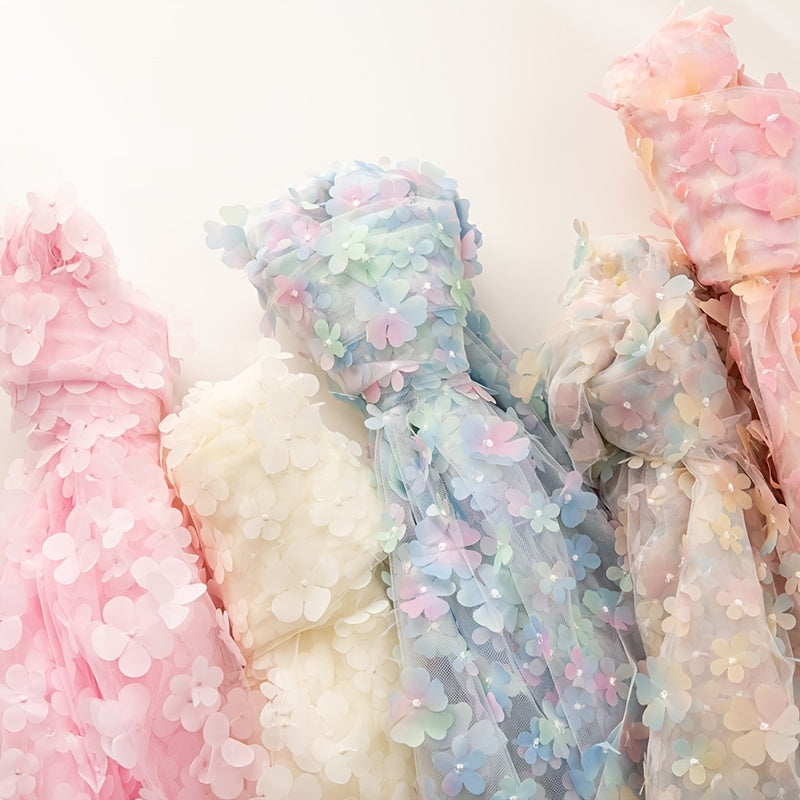 3D Flower Embroidery Mesh Tulle Fabric Wedding Dress DIY Crafts 91x130cm