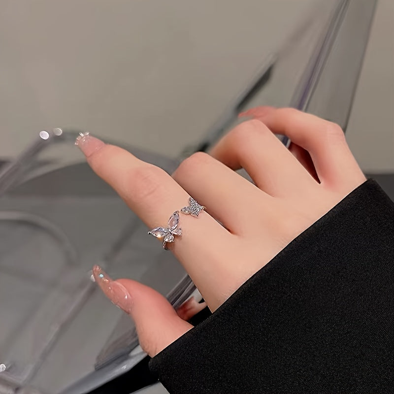 Butterfly Zircon Open Ring Adjustable Silver Plated Women Girls Decor