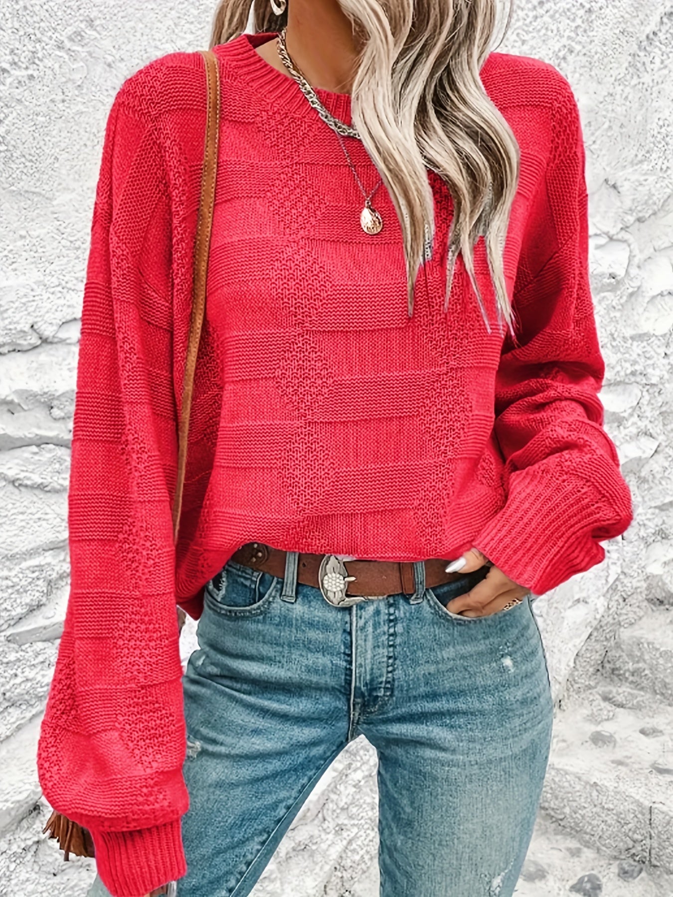 Solid Crew Neck Pullover Sweater for Women