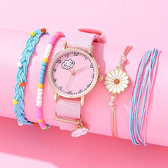 5pcs Pink Girls Quartz Watch Set