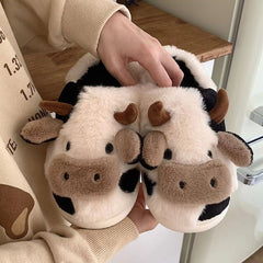 Women's Cartoon Cow House Slippers Warm Plush Lined Home Slippers