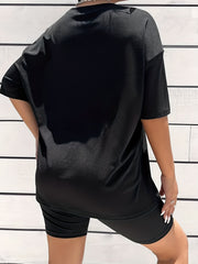 York Print 2pcs Set Short Sleeve T Shirt & Biker Shorts Summer Casual Two Piece