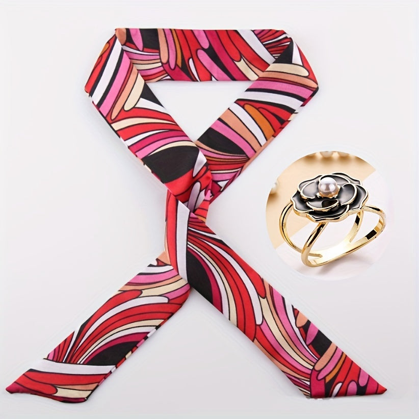 2pcs Red Striped Skinny Scarf & Scarf Ring Set