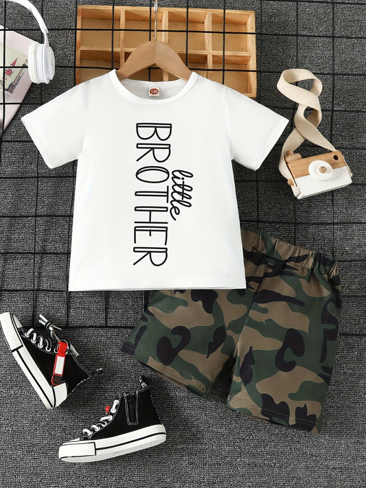2pcs Boys Casual LITTLE BROTHER Letter Print Set