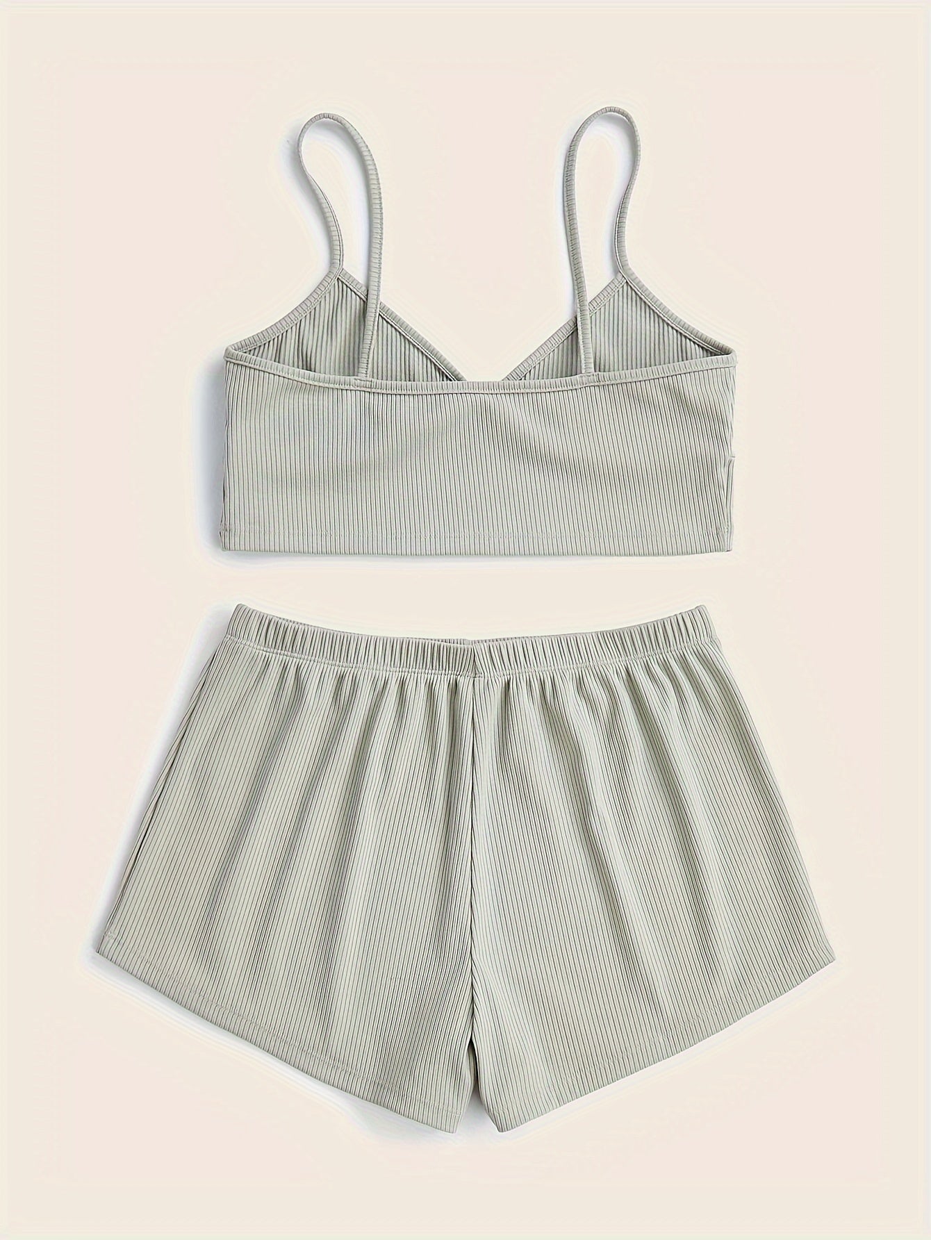 Ribbed Pajama Set V Neck Cami Top & Elastic Waistband Shorts