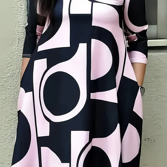  Colorblock Geometric Print Round Neck Midi Dress