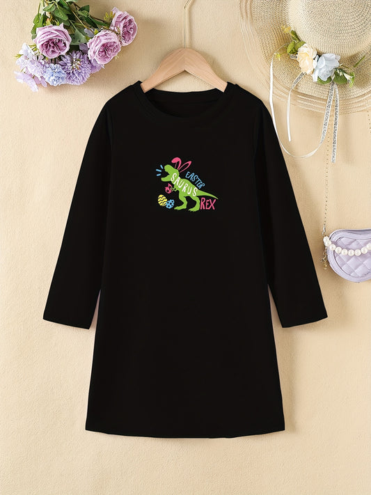 Easter Dinosaur Short Sleeve Casual T Shirt Dress for Toddler Girls