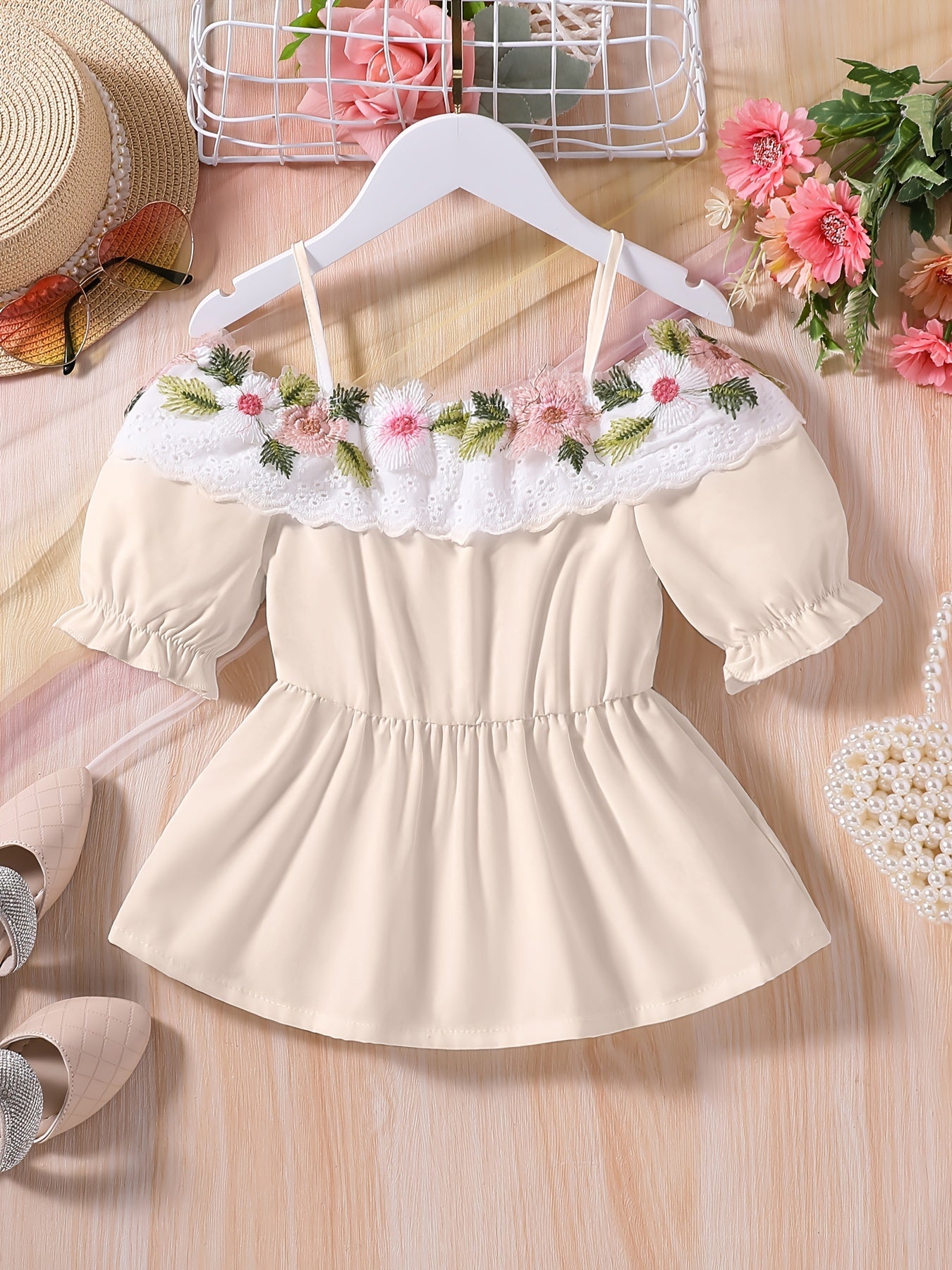 Girls Off Shoulder Flower Embroidery Tunic Shirt