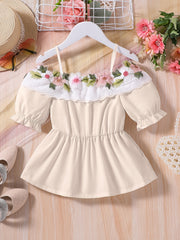Girls Off Shoulder Flower Embroidery Tunic Shirt