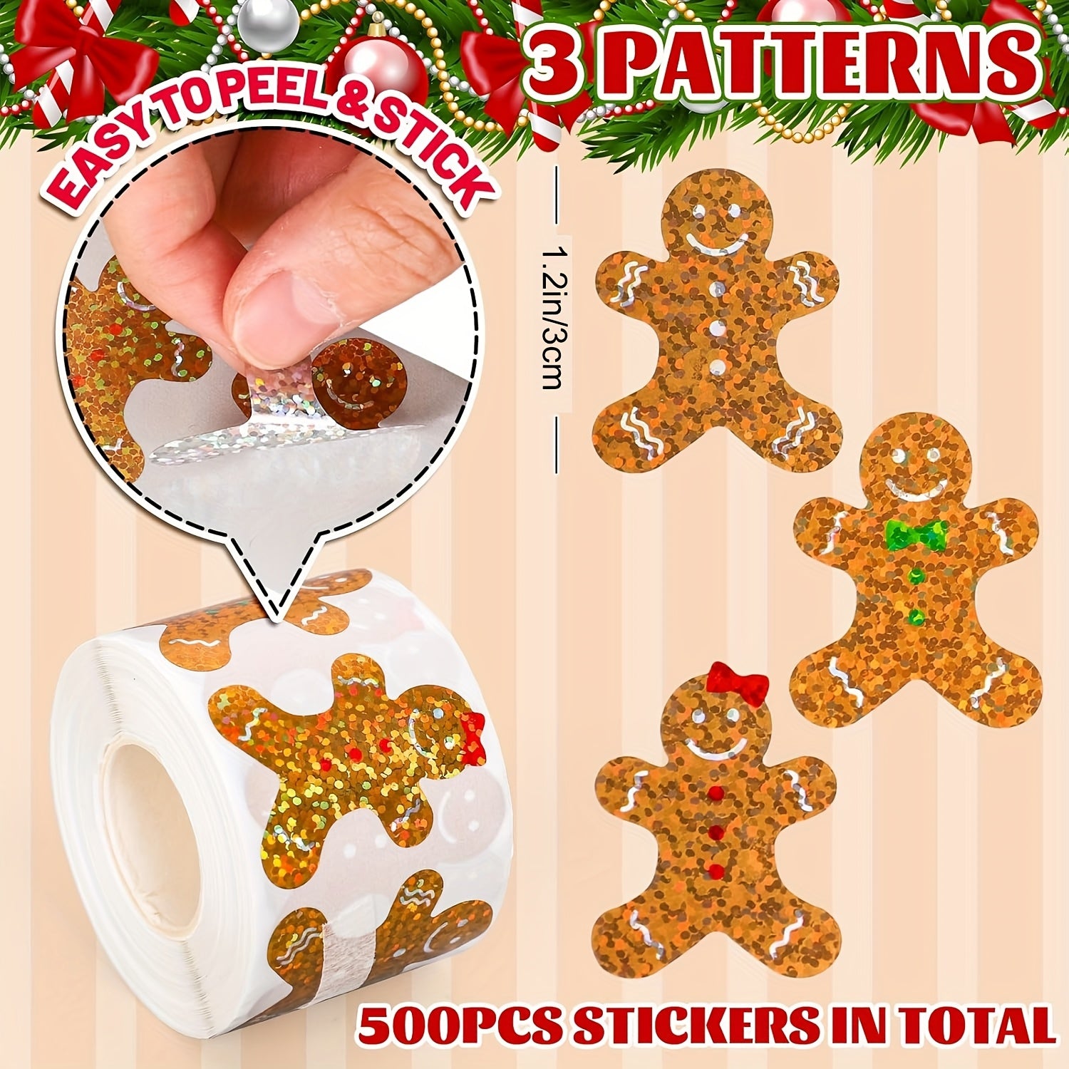 500pcs Gingerbread Sticker Roll - Colorful Biscuit Shape Self Adhesive Sticker