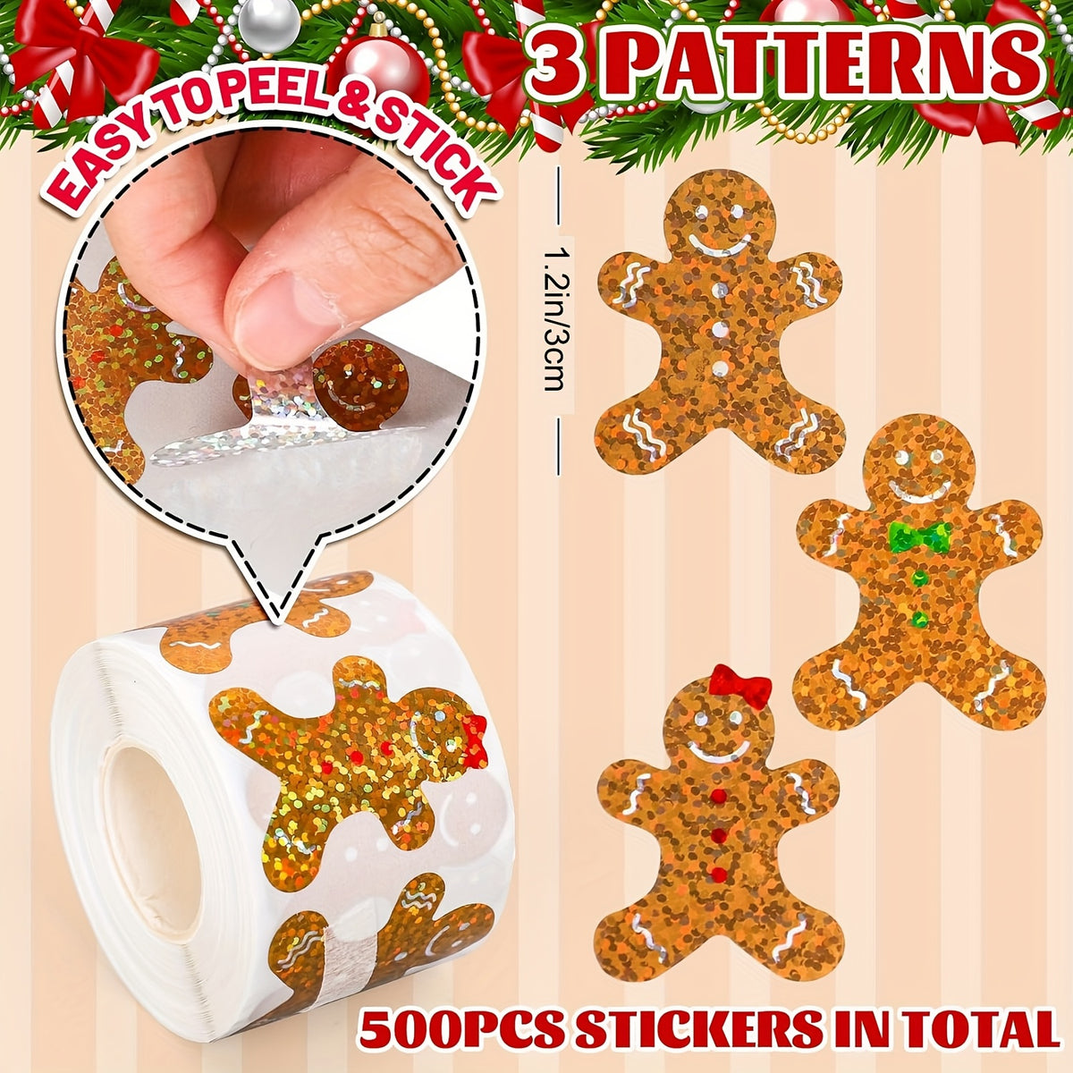 500pcs Gingerbread Sticker Roll - Colorful Biscuit Shape Self Adhesive Sticker