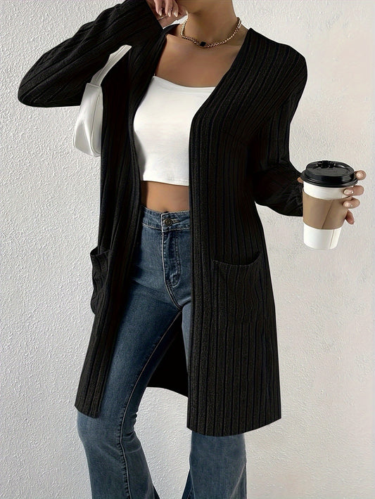 Open Front Ribbed Knit Cardigan
