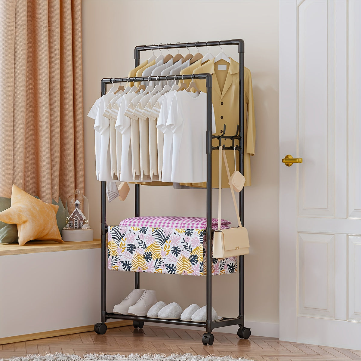 Double Pole Coat Rack 2 Layer Clothes Rack Standing Hat Rack Shoes And Hats Rack