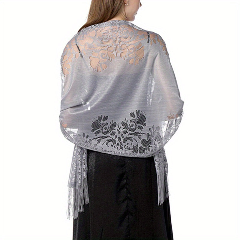 Lace Shawl Solid Hollow Out Tassel Wrap Scarf For Evening Dresses