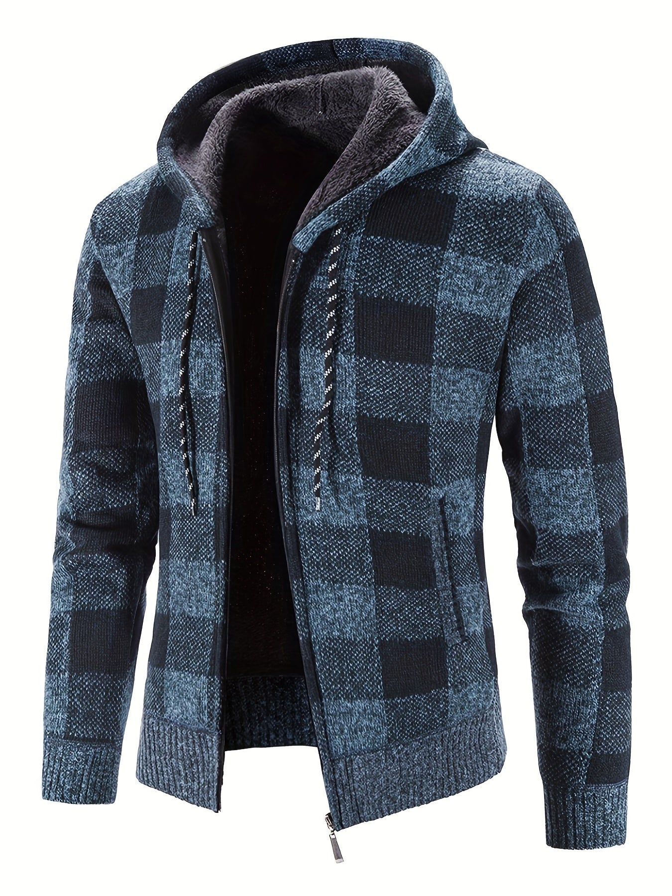 Men's Full Zip Up Casual Hooded Cardigan Plaid Sweater Jacket