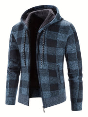 Men's Full Zip Up Casual Hooded Cardigan Plaid Sweater Jacket