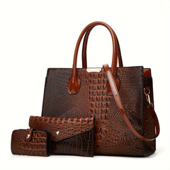 3 Piece Crocodile Pattern Tote Bag Set for Women